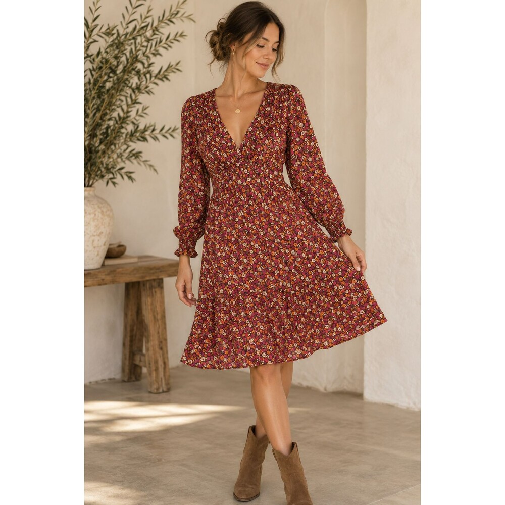 Pablo Floral Dress Burgundy Pink Long Sleeve Fit Flare Boho Cottagecore Romantic